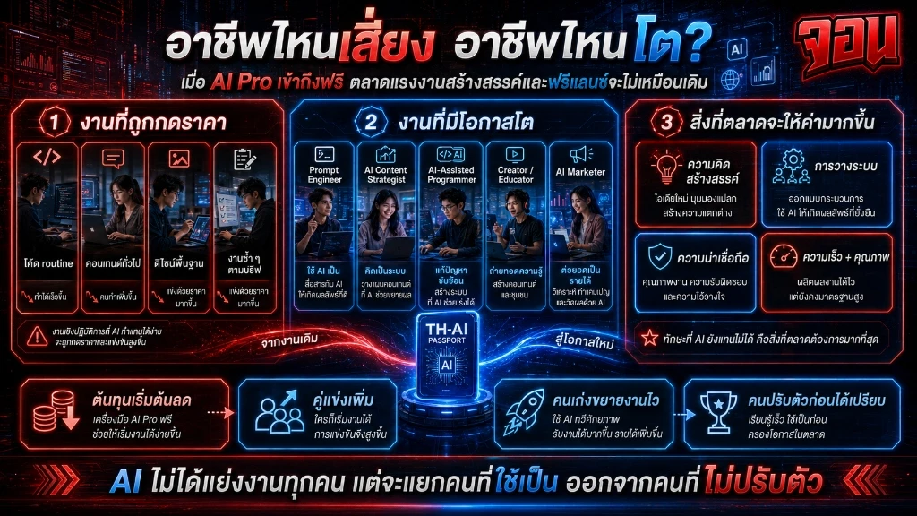 อินโฟกราฟิกวิเคราะห์สายงานและอาชีพที่มีความเสี่ยงจะถูกกดราคากับอาชีพที่มีโอกาสเติบโตในยุค TH-AI Passport