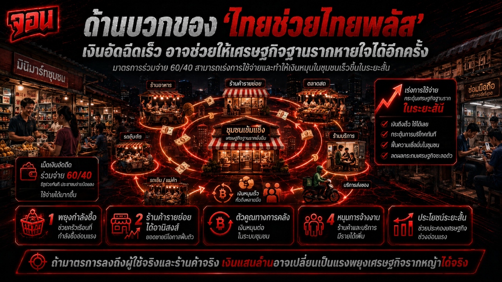อินโฟกราฟิกด้านบวกของโครงการไทยช่วยไทยพลัสและตัวคูณทางการคลังเพื่อกระตุ้นกำลังซื้อฐานราก