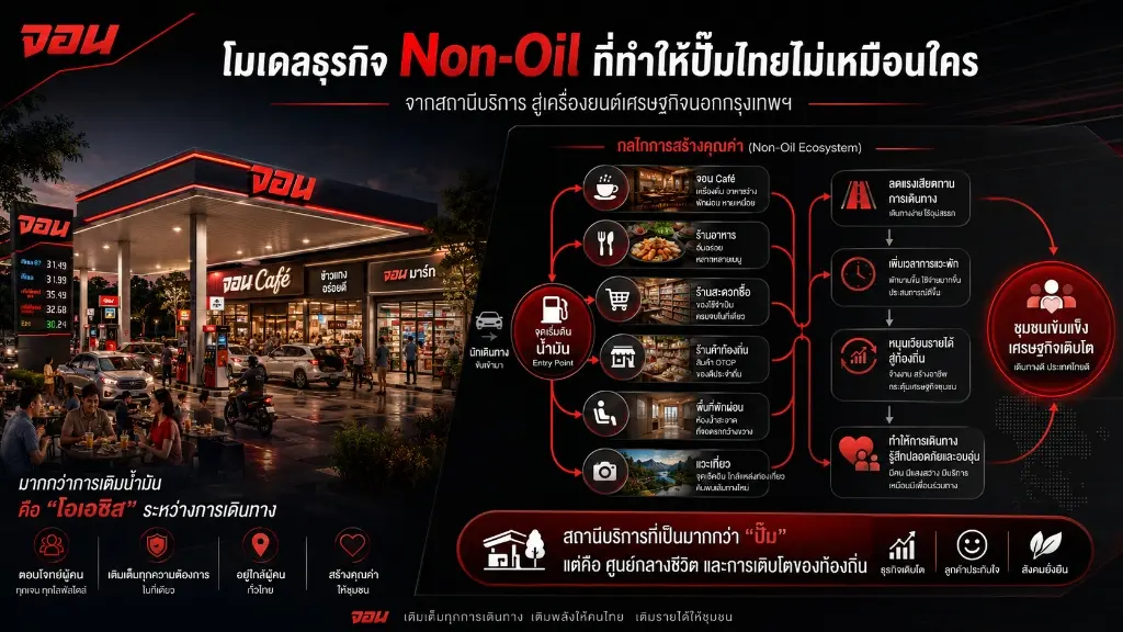 อินโฟกราฟิก แผนภาพจำลองระบบนิเวศปั๊มน้ำมันไทย (Non-Oil Ecosystem) แสดงทิศทางการไหลเวียนผู้เดินทางและการสร้างมูลค่ากำไรสูงผ่านร้านค้า คาเฟ่ และบริการท้องถิ่น