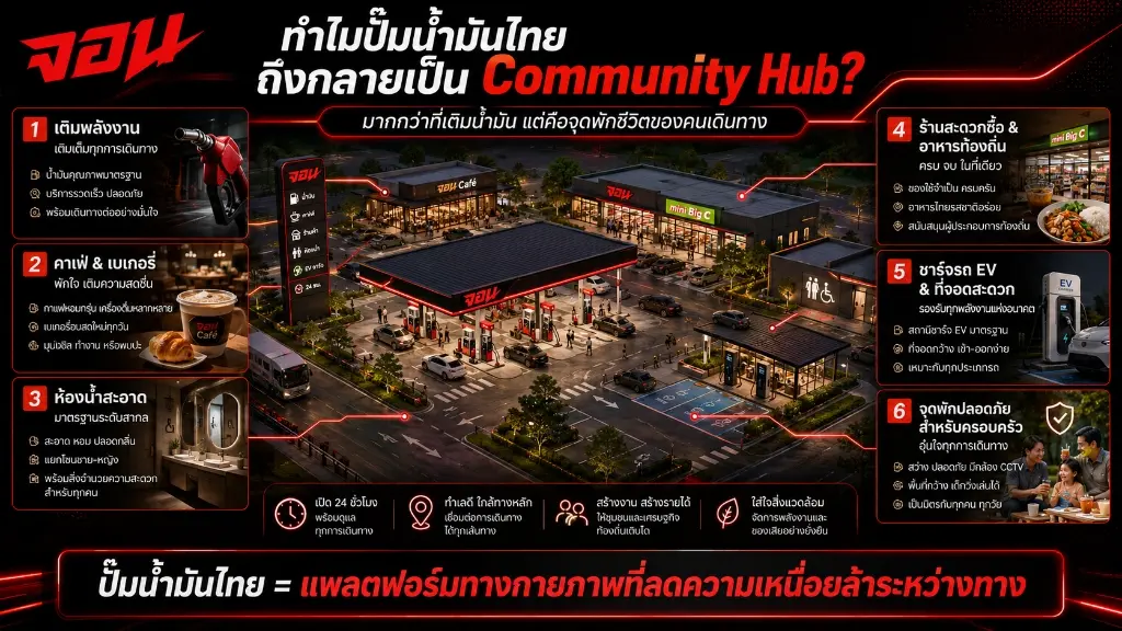 อินโฟกราฟิก รายละเอียด 6 องค์ประกอบหลักที่ทำให้ปั๊มน้ำมันไทยกลายเป็น Community Hub และจุดพักชีวิตที่เพียบพร้อมในระหว่างการเดินทางไกล