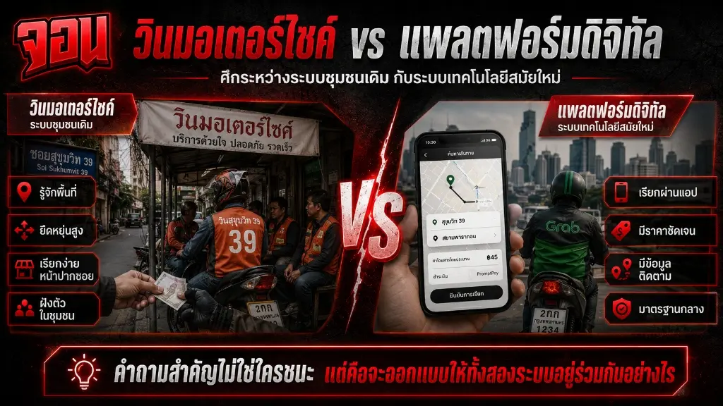อินโฟกราฟิกเปรียบเทียบข้อดีข้อเสียและจุดปะทะระหว่างวินมอเตอร์ไซค์แบบดั้งเดิมกับแพลตฟอร์มเรียกผ่านแอปพลิเคชัน